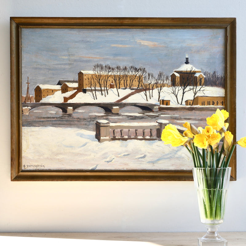 Vintage Mid Century Original Cityscape Oil Painting from Sweden