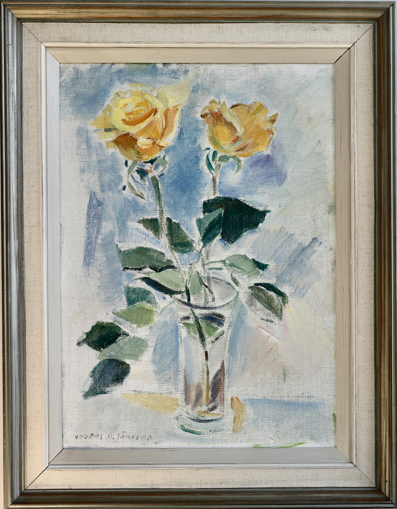Original Still Life Floral Oil Painting Vintage Mid Century Sweden