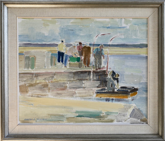 Vintage Art Room Mid Century Harbor Oil Painting From Sweden