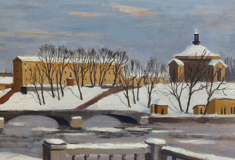 Vintage Mid Century Original Cityscape Oil Painting from Sweden