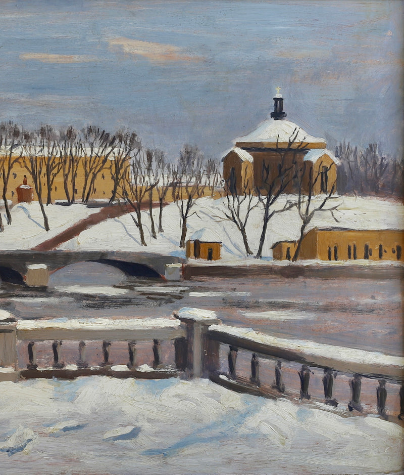 Vintage Mid Century Original Cityscape Oil Painting from Sweden