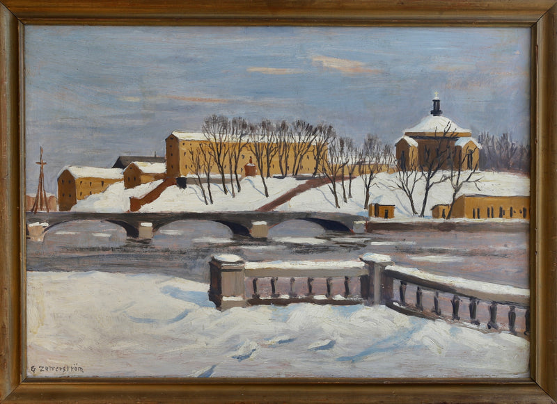 Vintage Mid Century Original Cityscape Oil Painting from Sweden