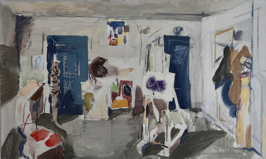 Mid Century Artist Studio Interior Oil Painting From Sweden