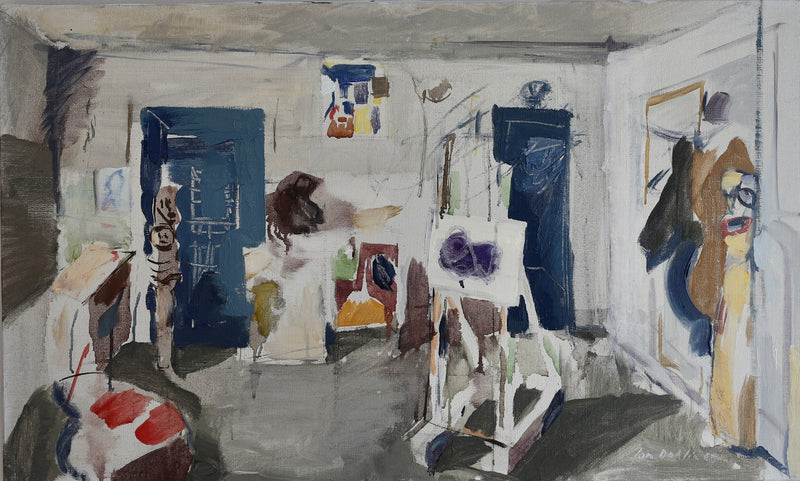 Mid Century Artist Studio Interior Oil Painting From Sweden