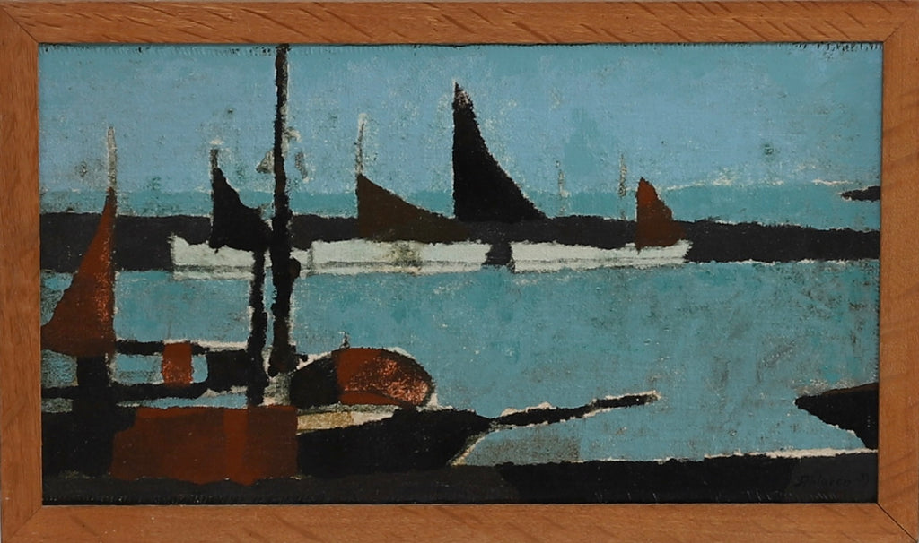 Vintage Art Room Mid Century Harbor Oil Painting From Sweden 1959