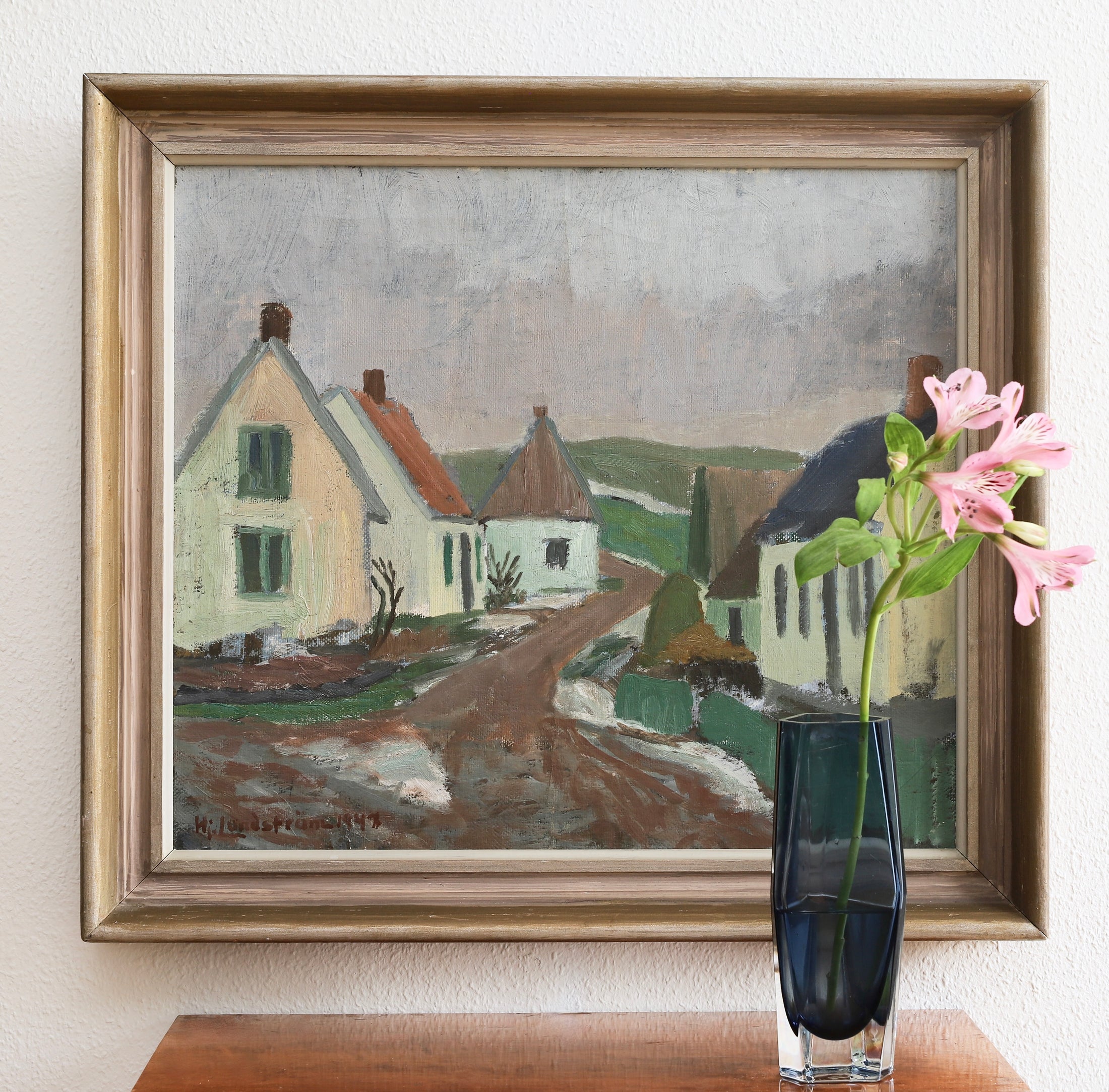 Charming Vintage Countryside Village Oil Painting from Sweden