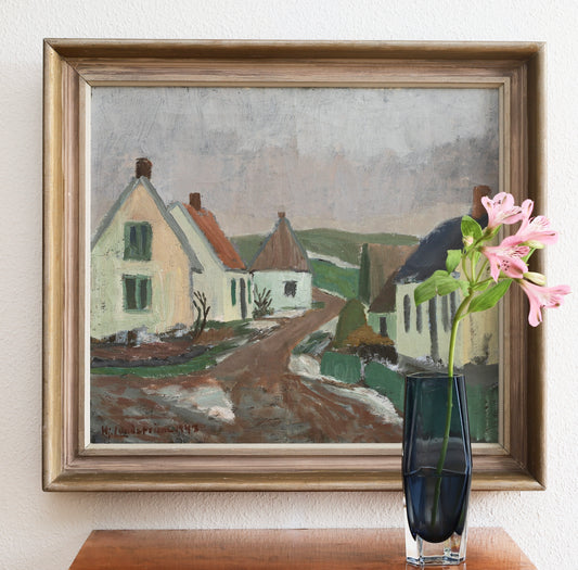 Charming Vintage Countryside Village Oil Painting from Sweden