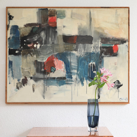 Large Mid Century Abstract Oil Painting from Sweden 1967