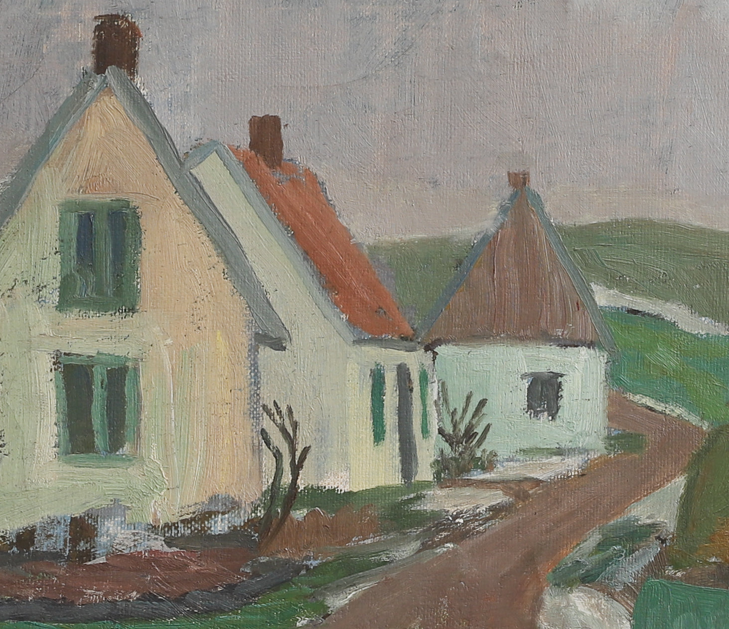 Charming Vintage Countryside Village Oil Painting from Sweden