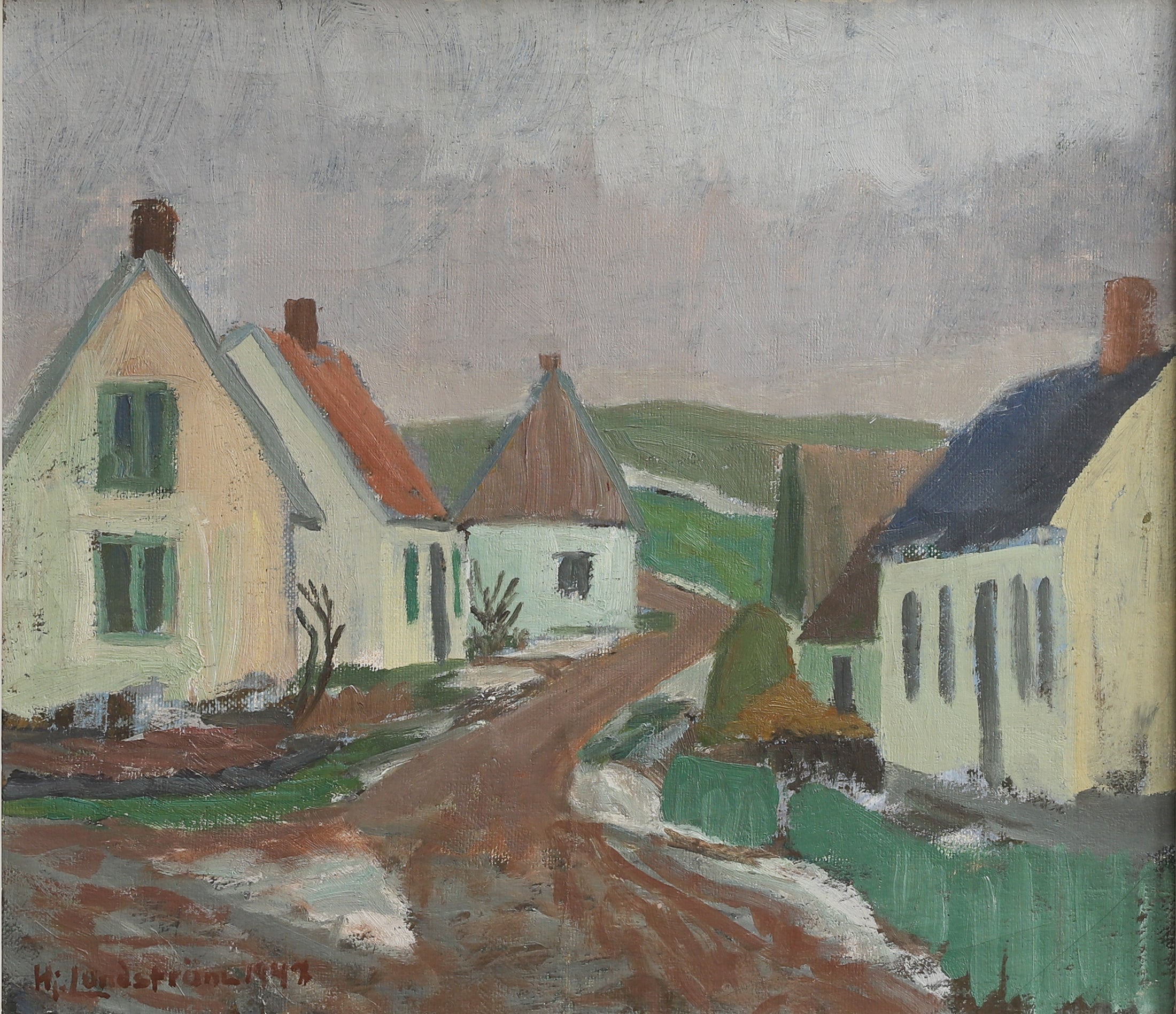 Charming Vintage Countryside Village Oil Painting from Sweden