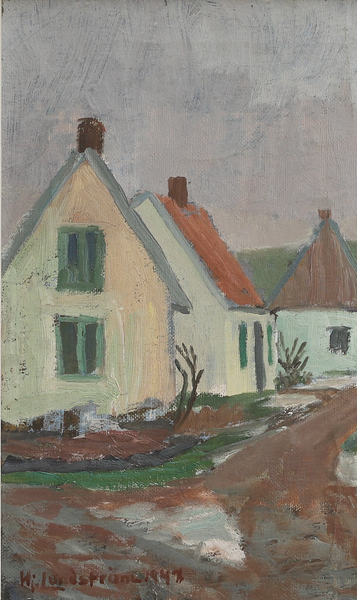 Charming Vintage Countryside Village Oil Painting from Sweden