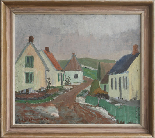 Charming Vintage Countryside Village Oil Painting from Sweden