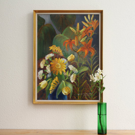 Vintage Mid Century Original Blooming Garden Oil Painting from Sweden