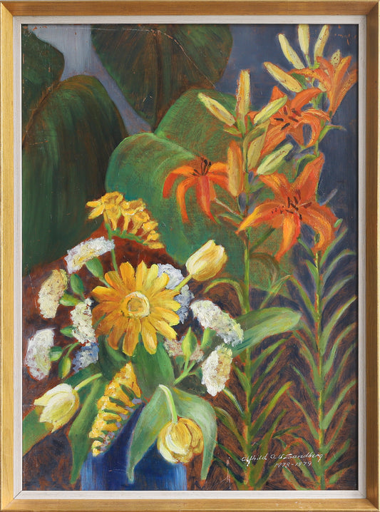 Vintage Mid Century Original Blooming Garden Oil Painting from Sweden