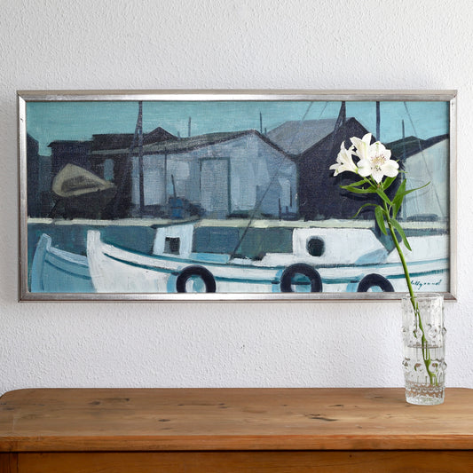 Stunning Original Mid Century Harbor Oil Painting from Sweden