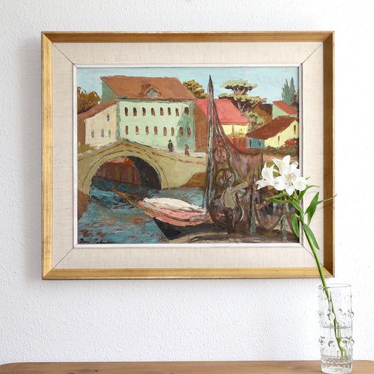 Mid Century Original Vintage Art Cityscape from Sweden