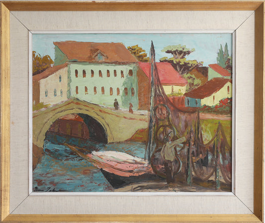 Mid Century Original Vintage Art Cityscape from Sweden