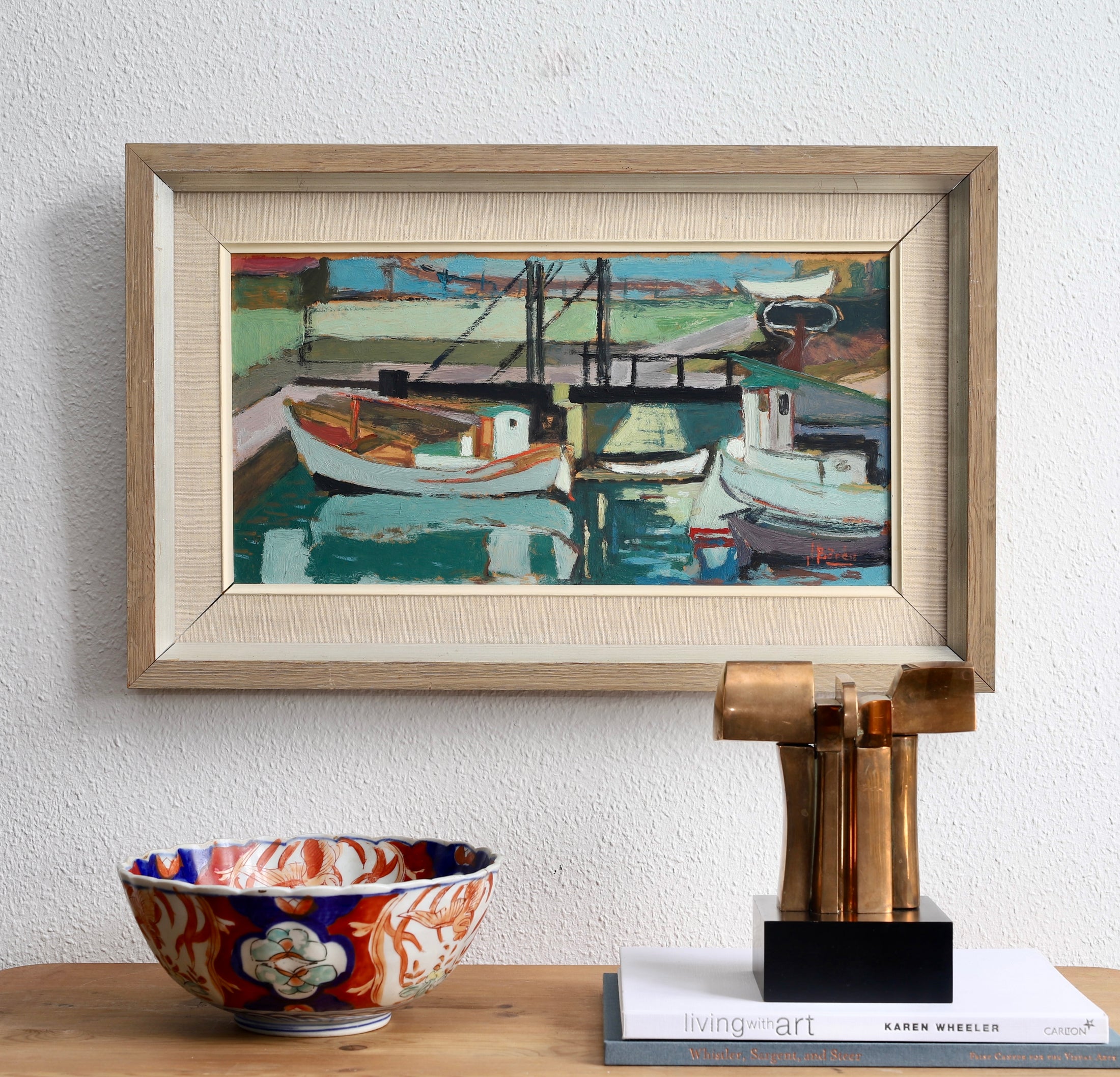 Mid Century Vintage Art Original Harbor Oil Painting