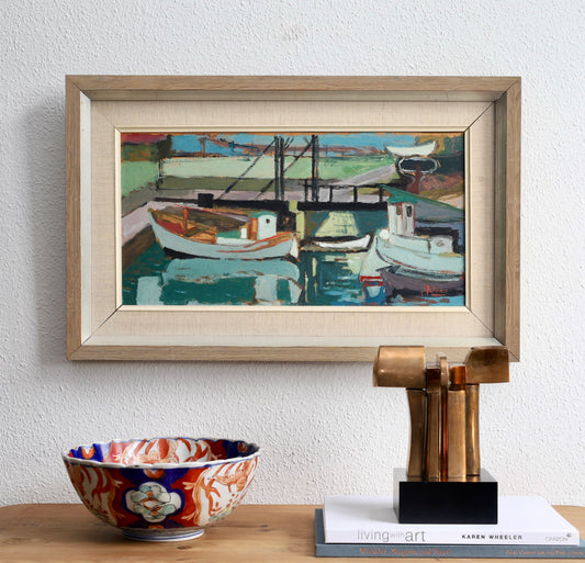 Mid Century Vintage Art Original Harbor Oil Painting