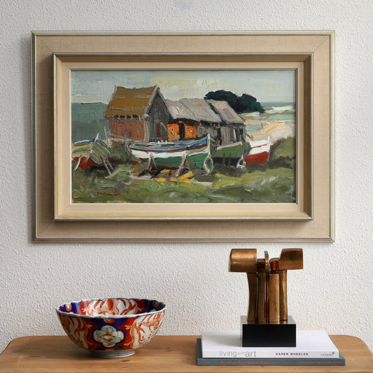 Mid Century Vintage Original Coastal Oil Painting Sweden