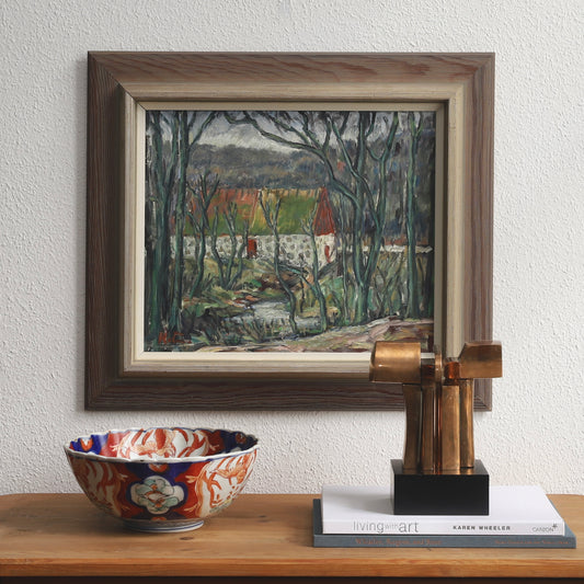 Vintage Mid Century Original Oil Painting of Village Mill