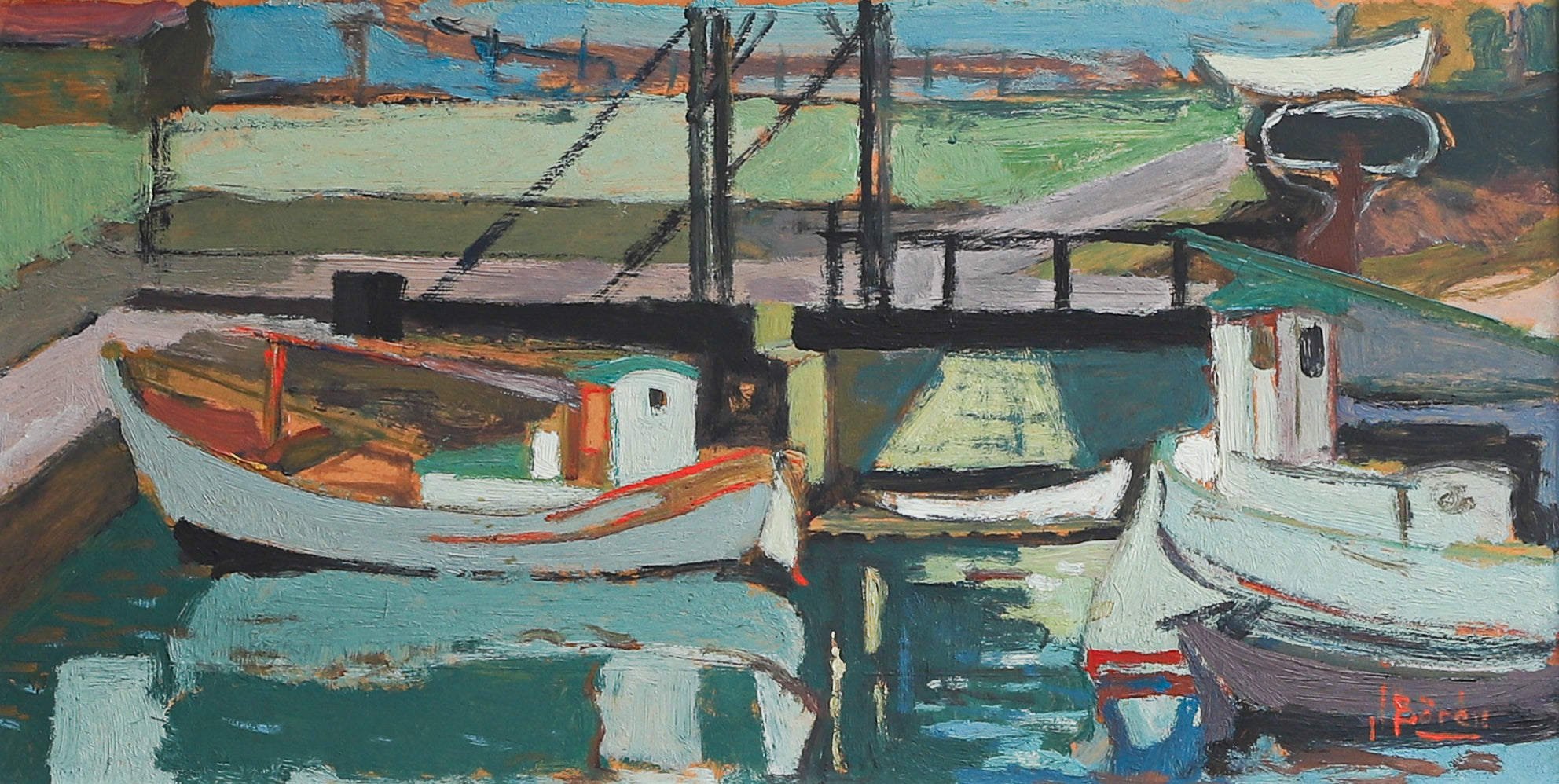 Mid Century Vintage Art Original Harbor Oil Painting