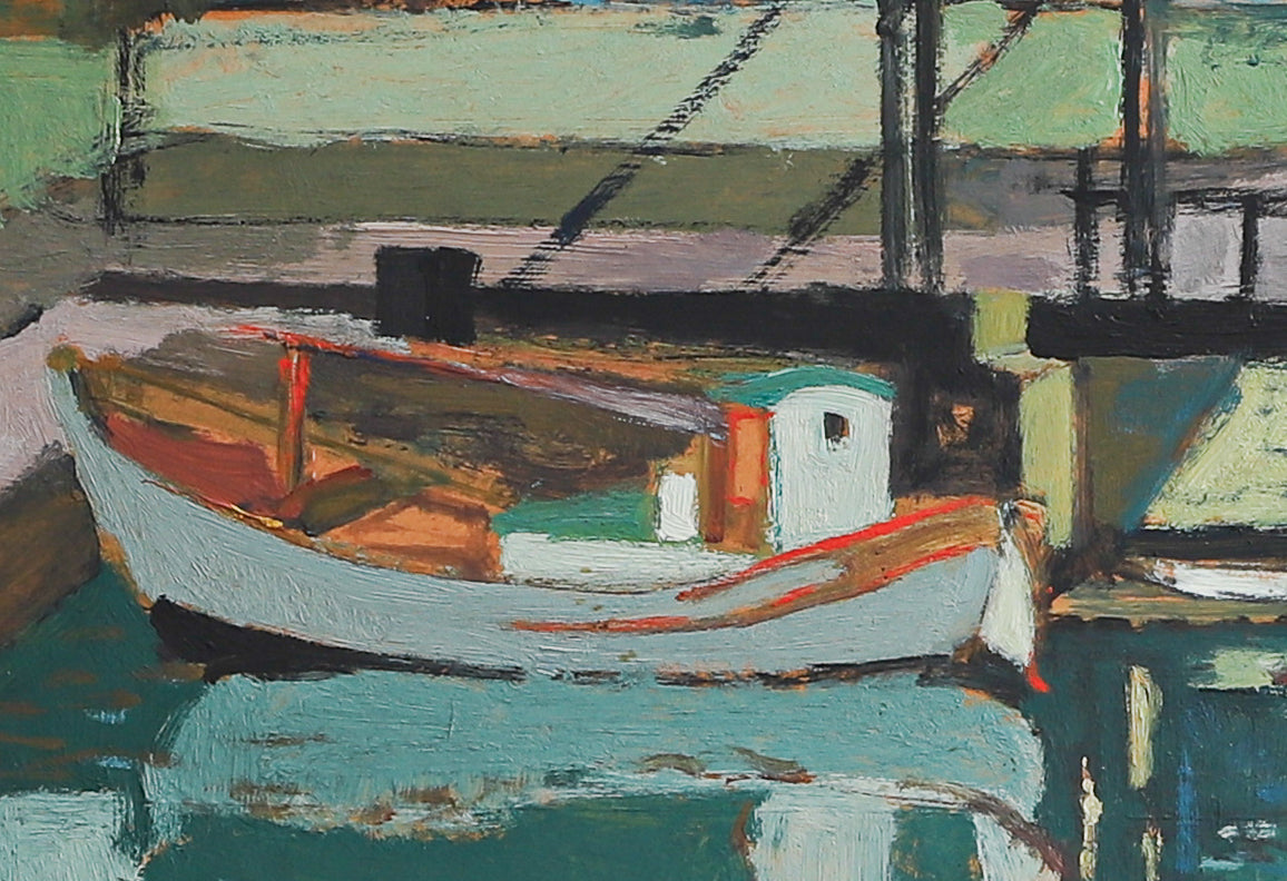 Mid Century Vintage Art Original Harbor Oil Painting