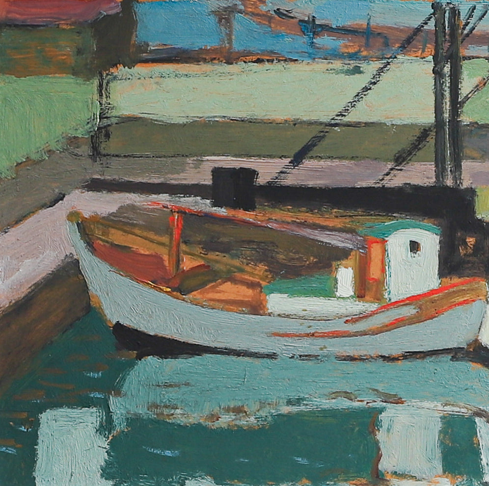 Mid Century Vintage Art Original Harbor Oil Painting