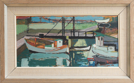 Mid Century Vintage Art Original Harbor Oil Painting