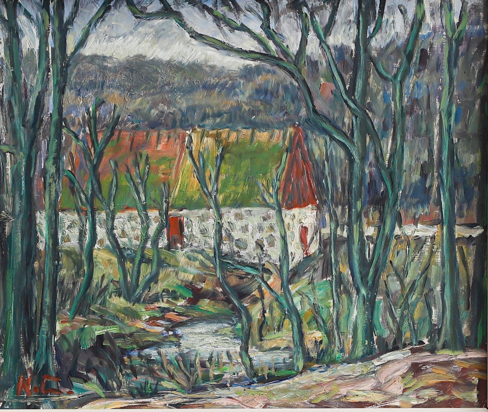 Vintage Mid Century Original Oil Painting of Village Mill