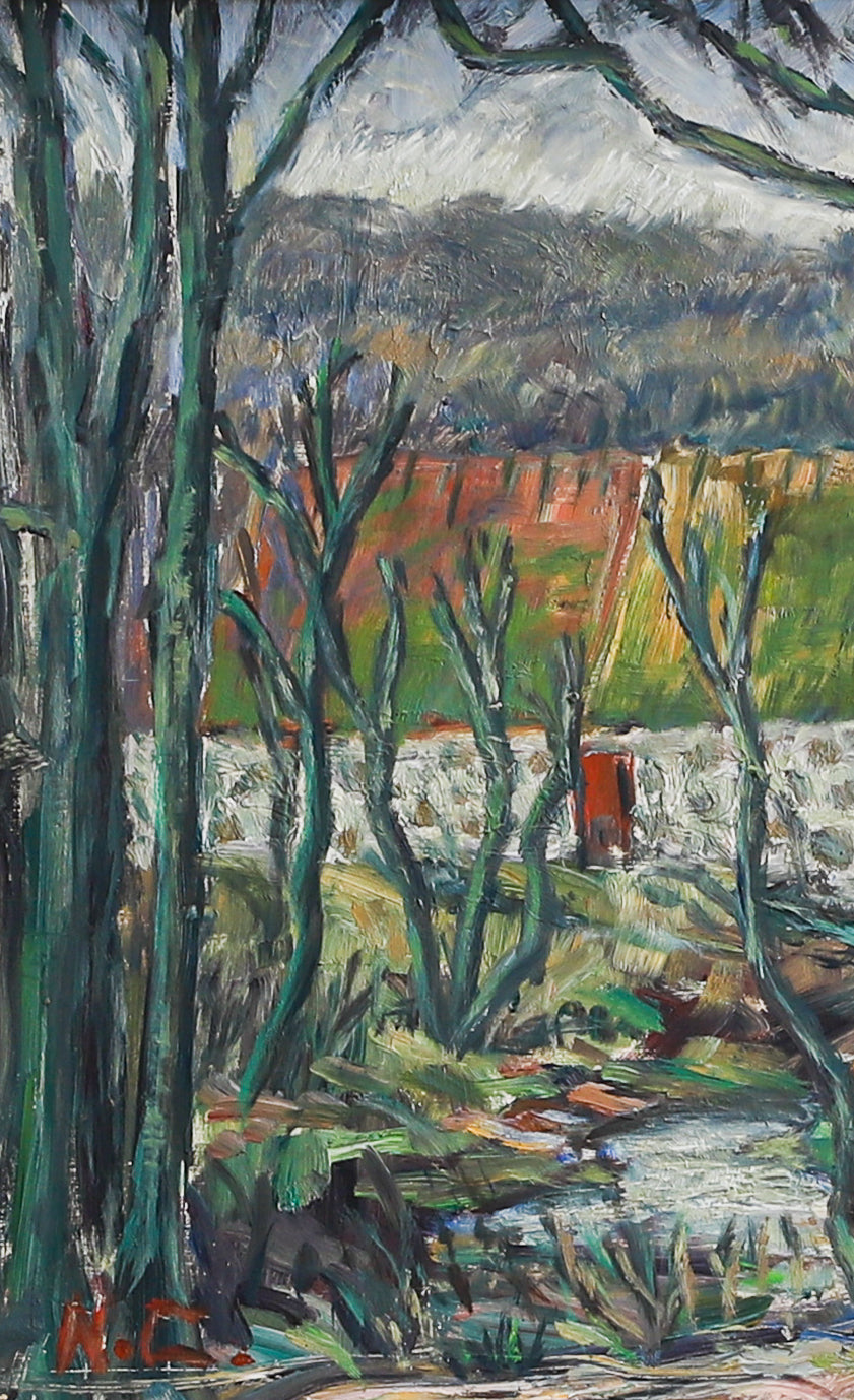 Vintage Mid Century Original Oil Painting of Village Mill