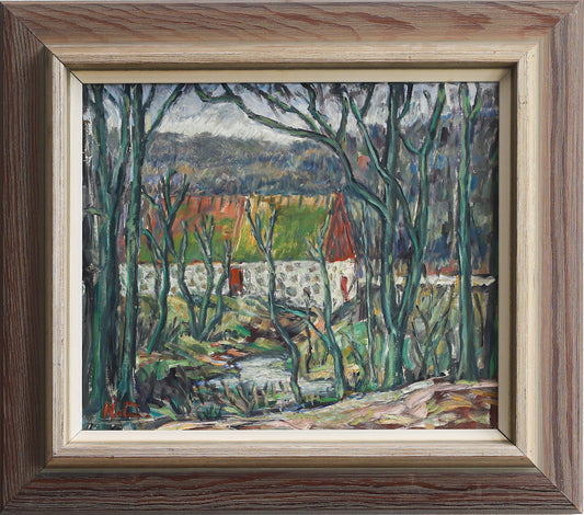 Vintage Mid Century Original Oil Painting of Village Mill