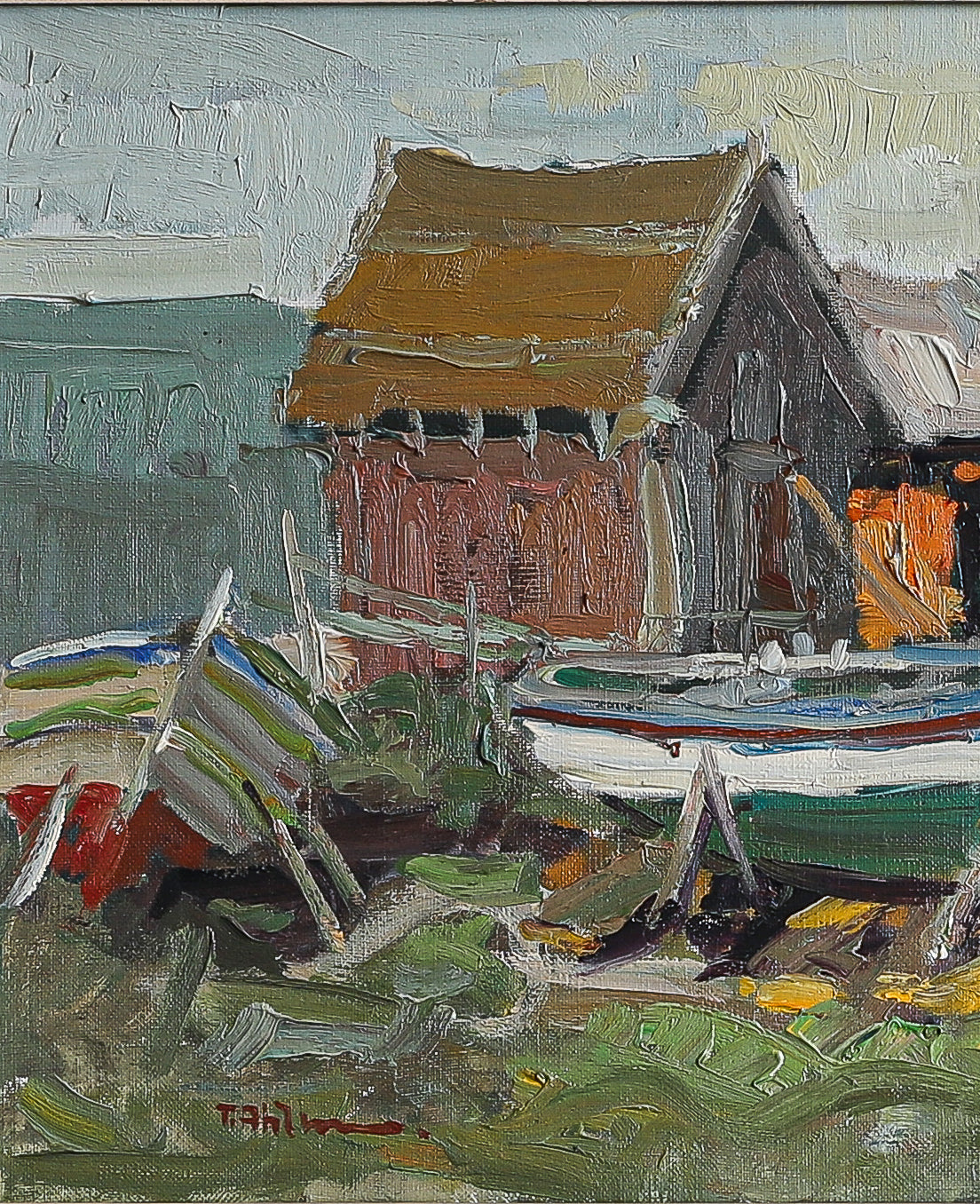 Mid Century Vintage Original Coastal Oil Painting Sweden