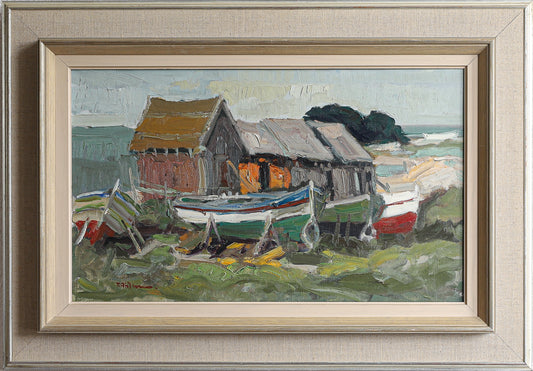Mid Century Vintage Original Coastal Oil Painting Sweden
