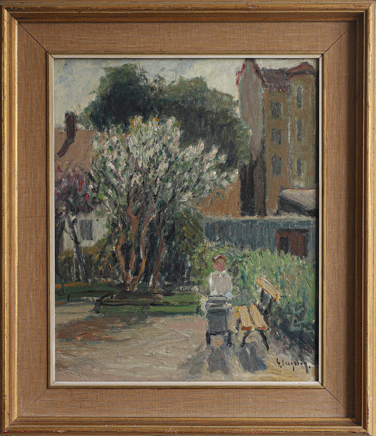 Vintage Original Cityscape Oil Painting from Sweden