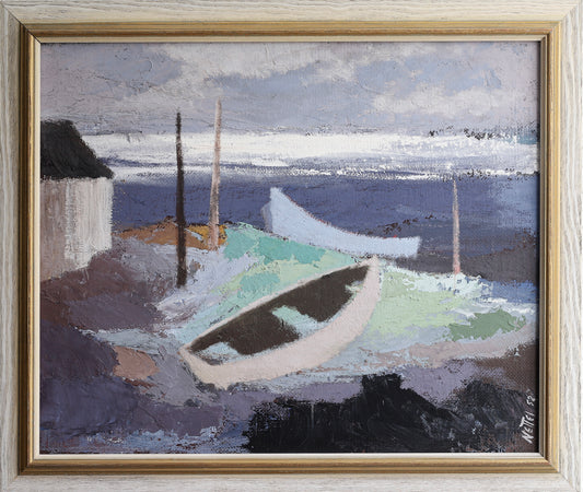 Mid Century Vintage Art Original Coastal Oil Painting from Sweden
