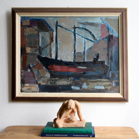 Vintage Mid Century Oil Painting of Boat in Harbor from Sweden