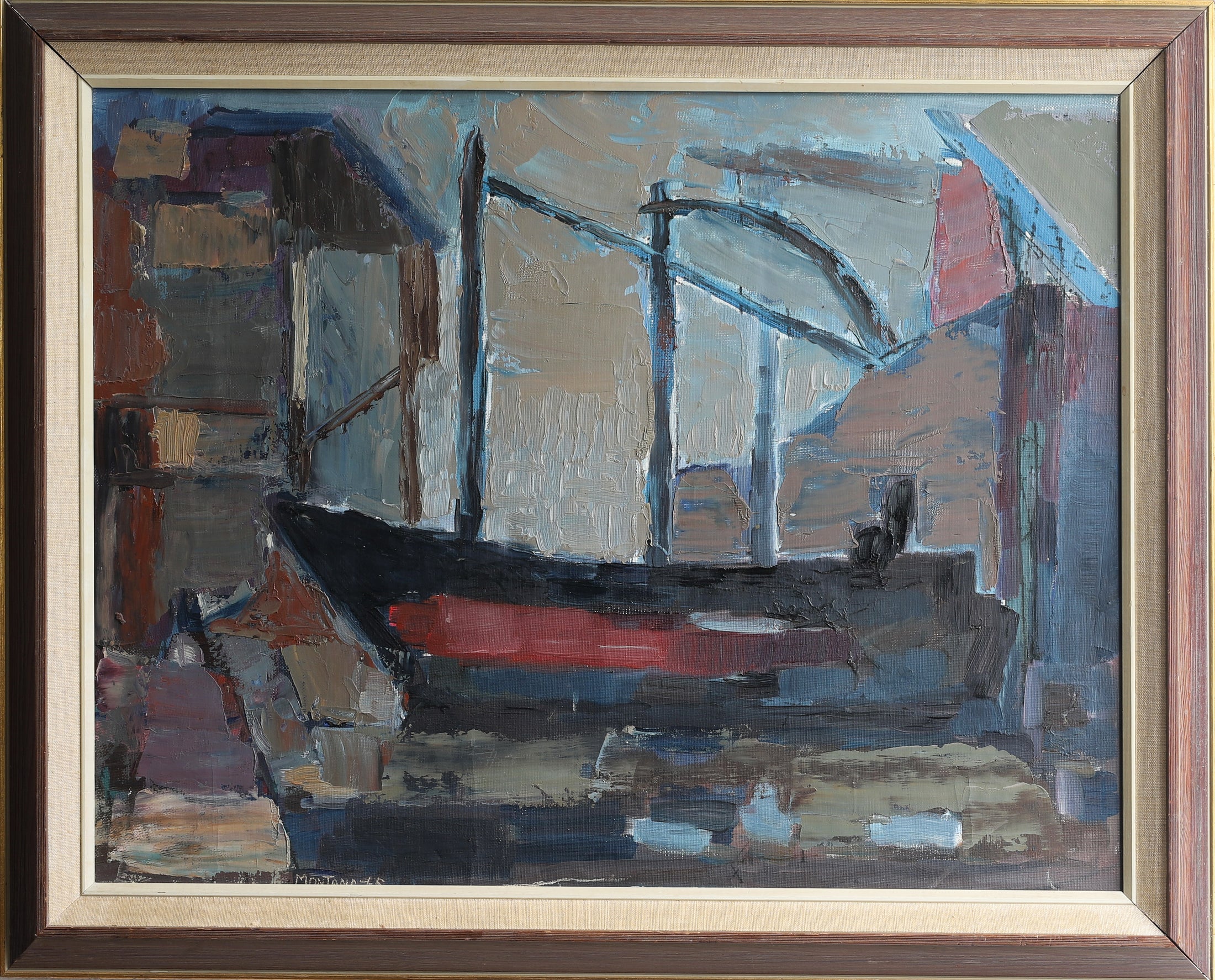 Vintage Mid Century Oil Painting of Boat in Harbor from Sweden