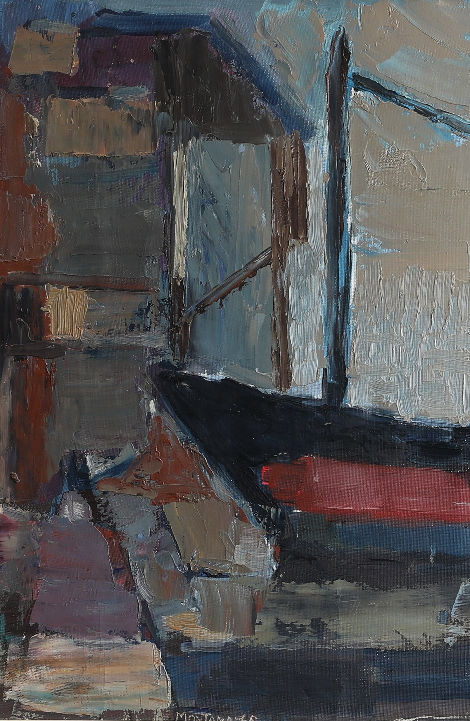 Vintage Mid Century Oil Painting of Boat in Harbor from Sweden