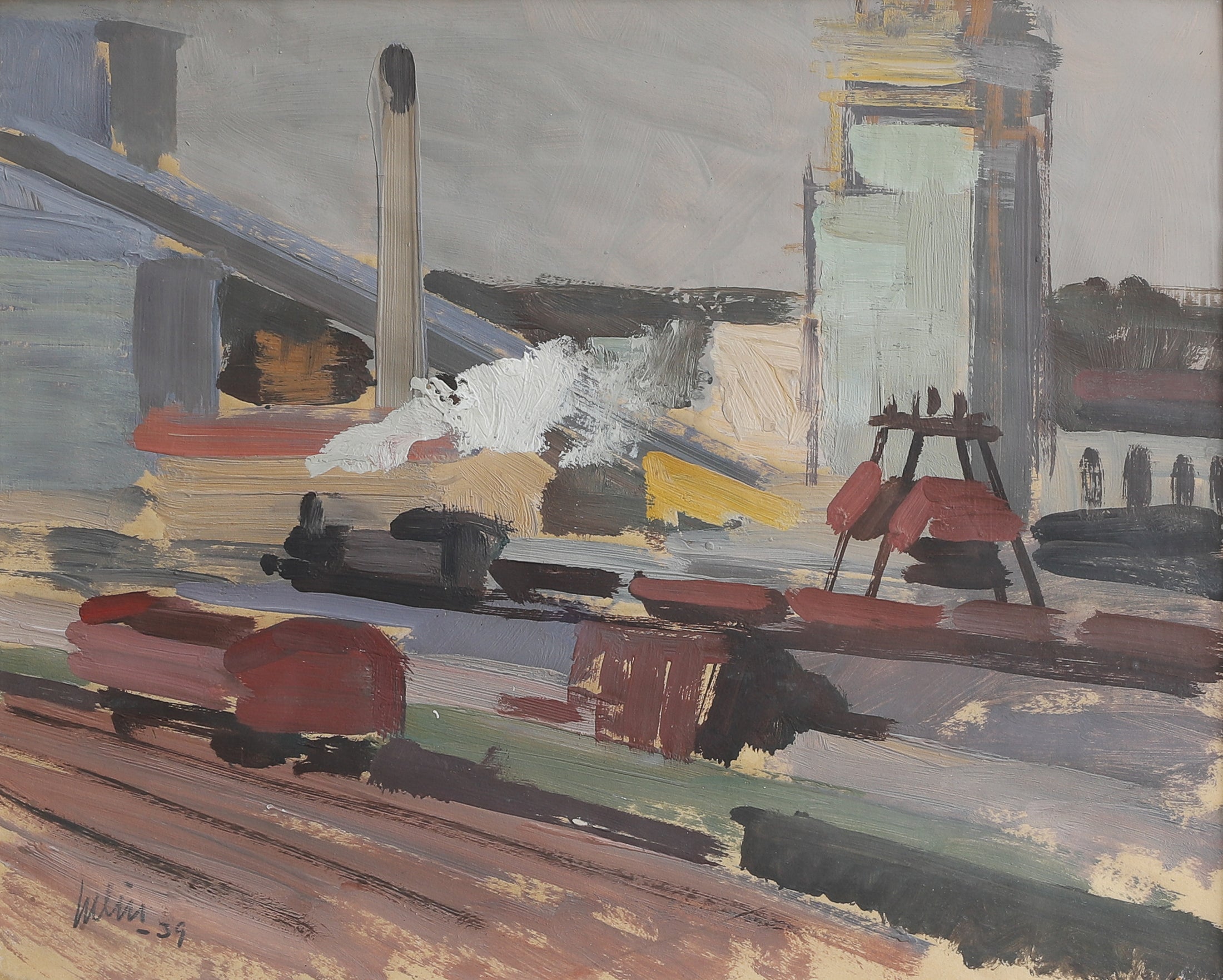 Vintage Art Sweden Original Trainyard Painting