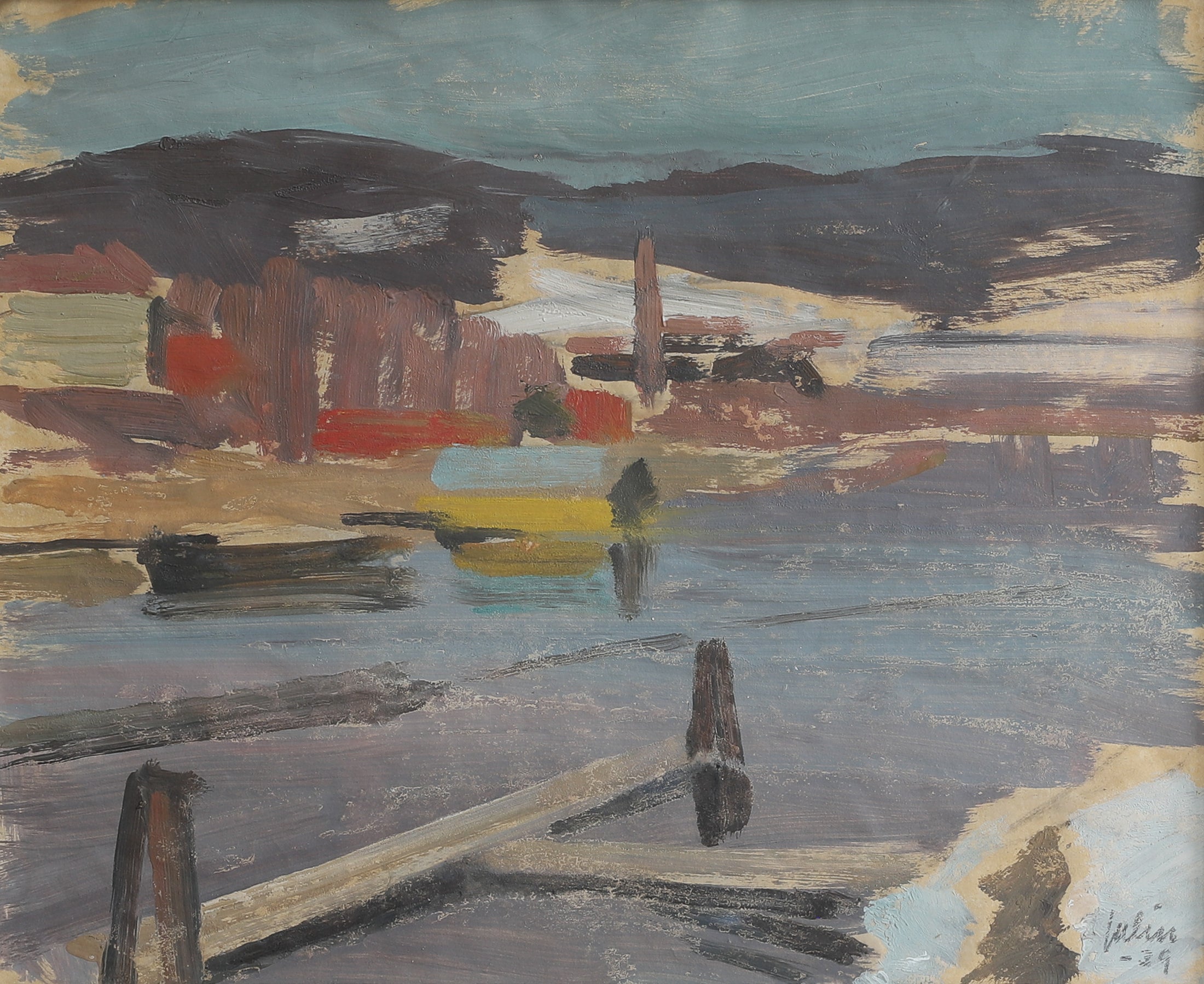 Vintage Art Original Artwork of Harbor From Sweden