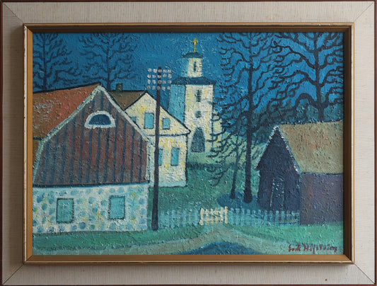 Mid Century Vintage Art Village Oil Painting From Sweden