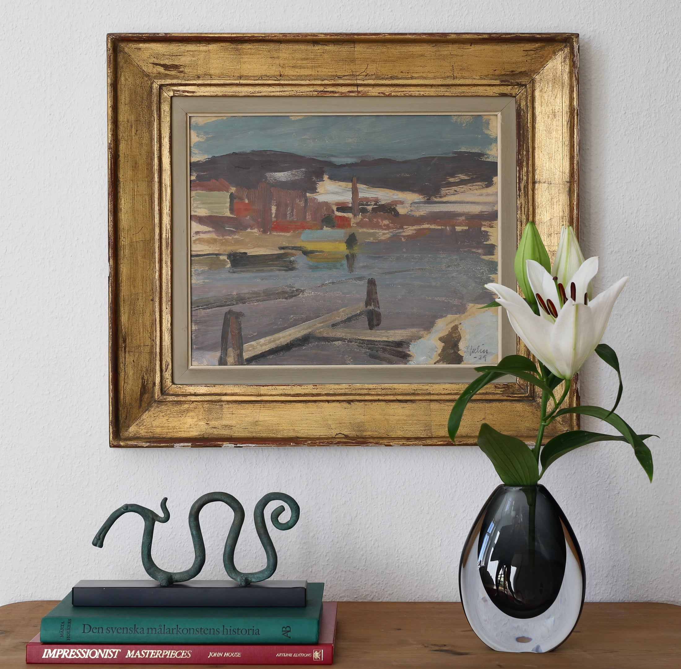 Vintage Art Original Artwork of Harbor From Sweden