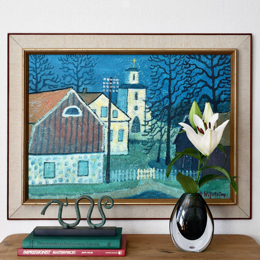 Mid Century Vintage Art Village Oil Painting From Sweden