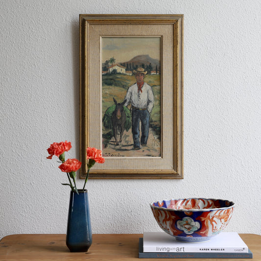 Vintage Art Mid Century Original Oil of Man with Donkey
