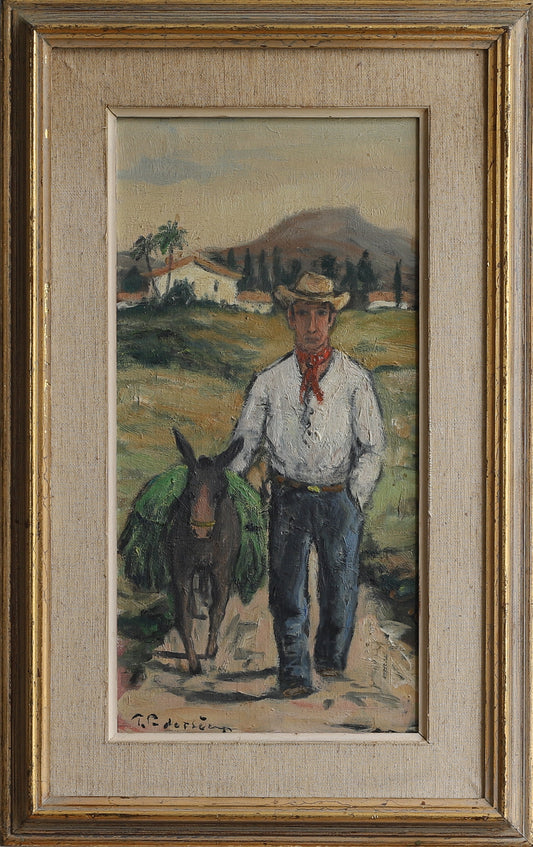 Vintage Art Mid Century Original Oil of Man with Donkey