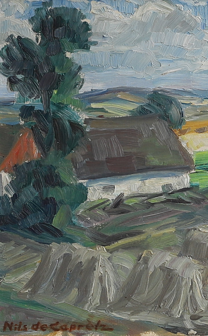 Mid Century Vintage Original Haystack Oil Painting From Sweden