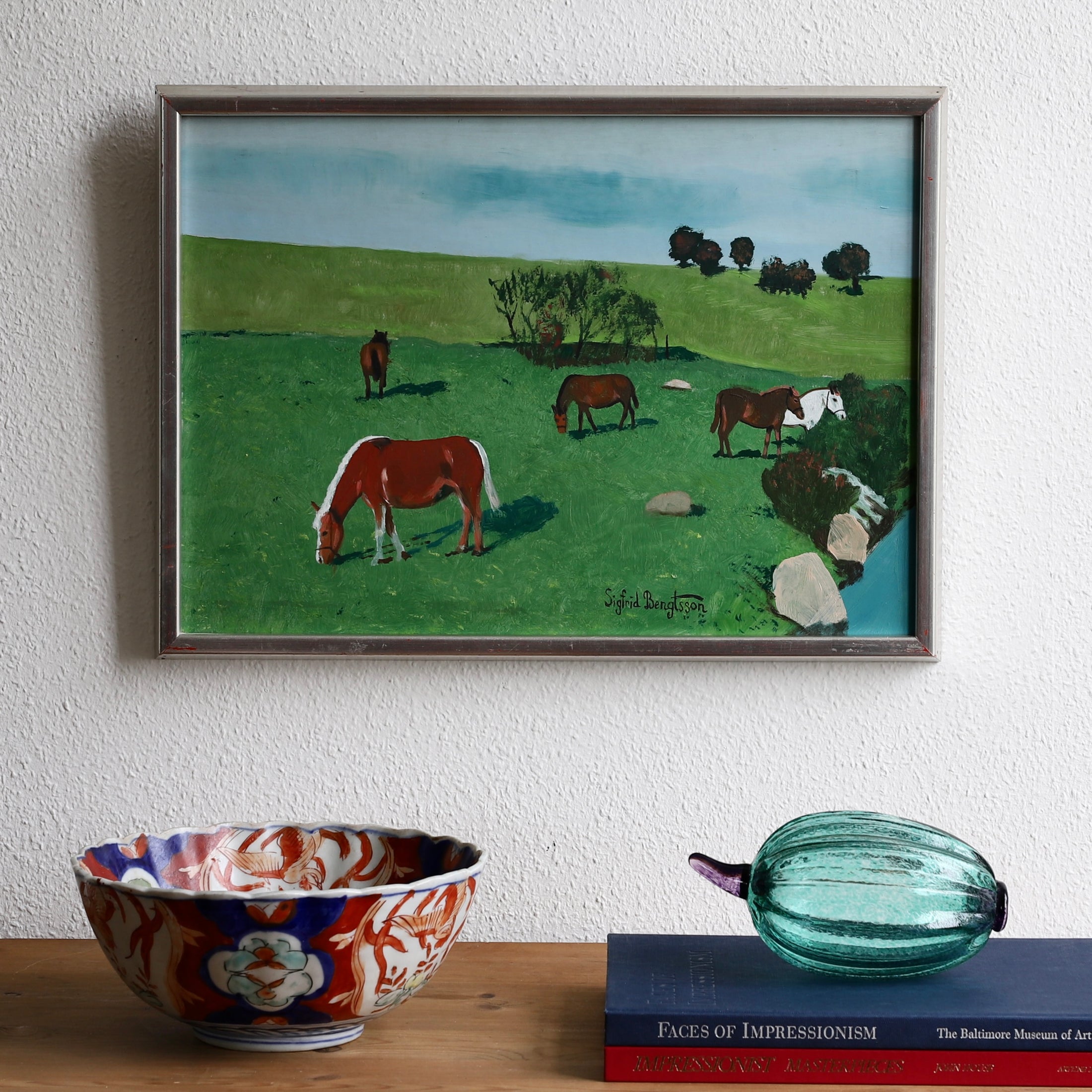 Vintage Art Room Original Oil Painting of Horses from Sweden