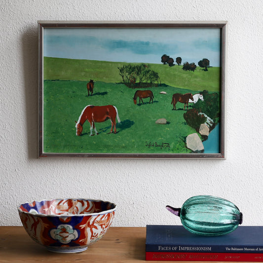 Vintage Art Room Original Oil Painting of Horses from Sweden