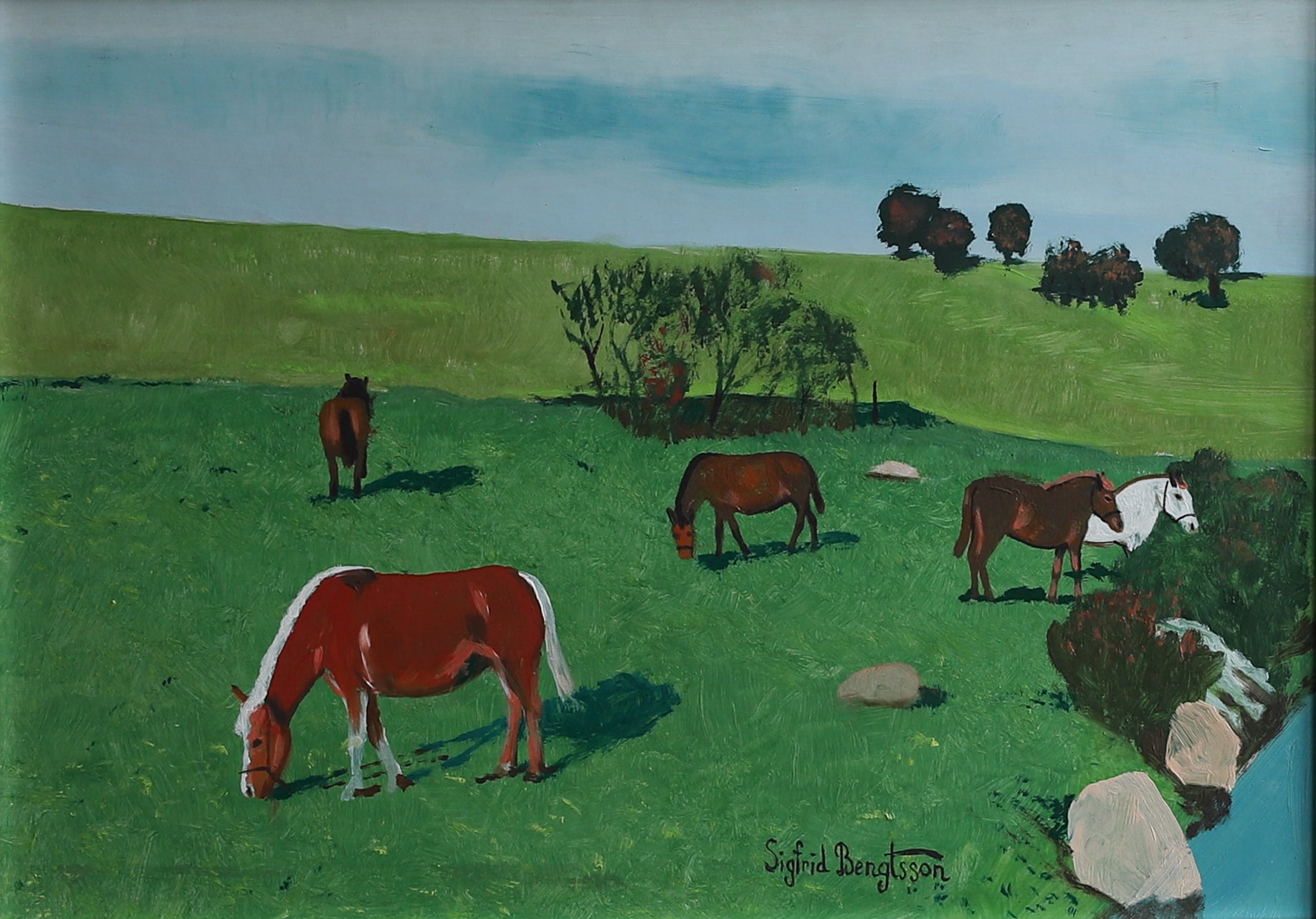 Vintage Art Room Original Oil Painting of Horses from Sweden